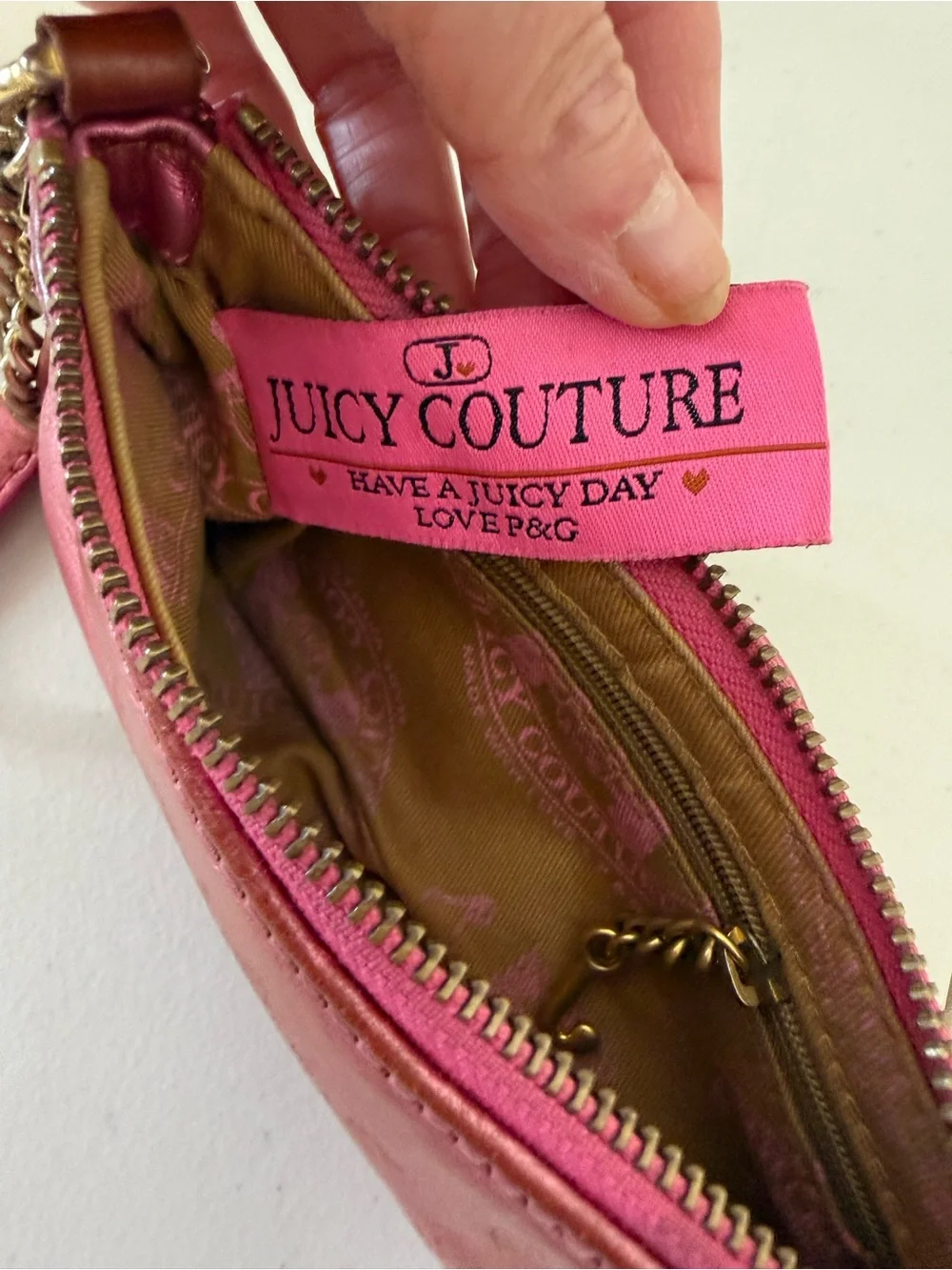 Juicy Couture Y2K Pink Metallic Leather Wristlet Clutch Heart Mirror Charm